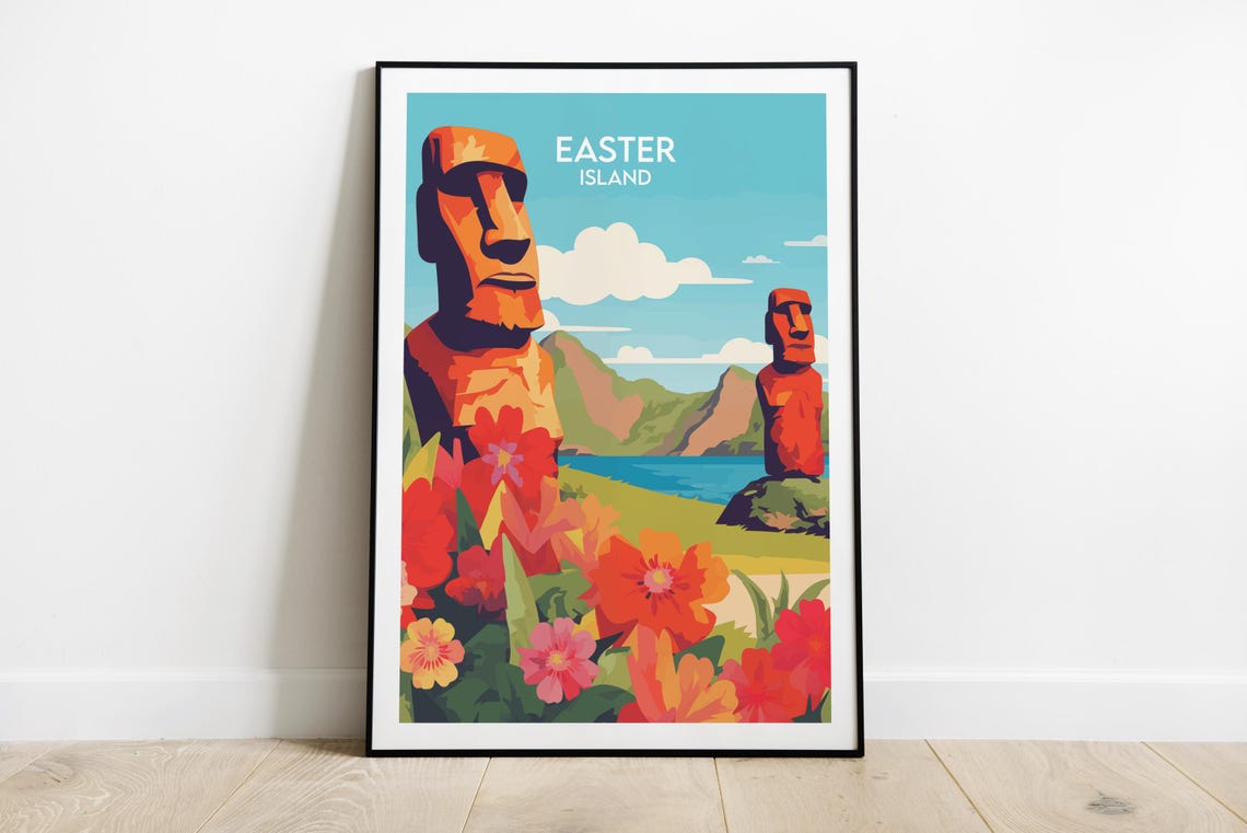 Easter Island Moai Statues Tropical Flowers Retro Travel Poster