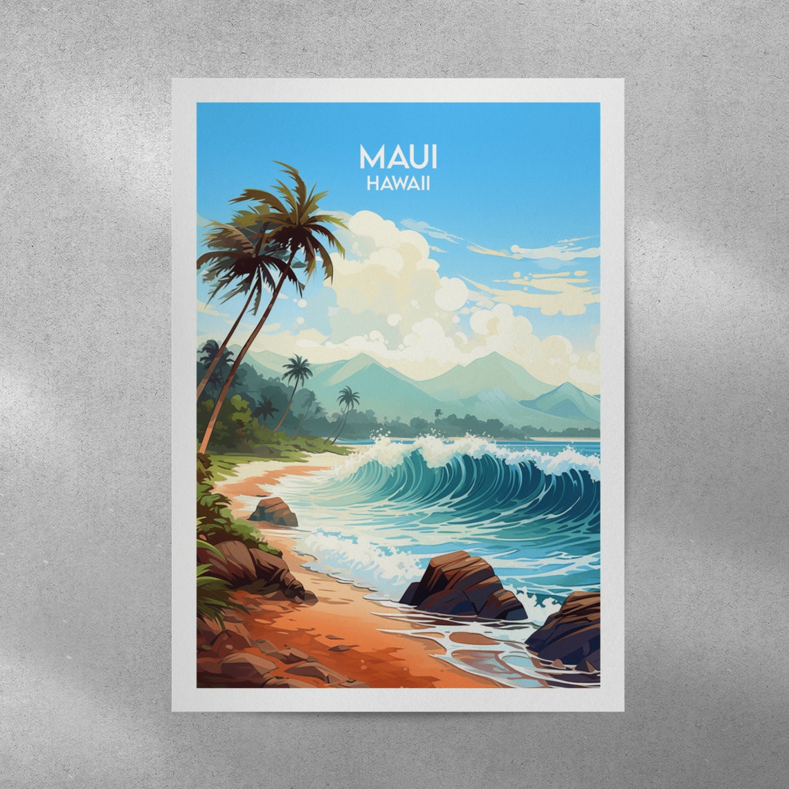 Maui Hawaii Crashing Surf Wave Sandy Beach Palms Travel Poster - Image 2