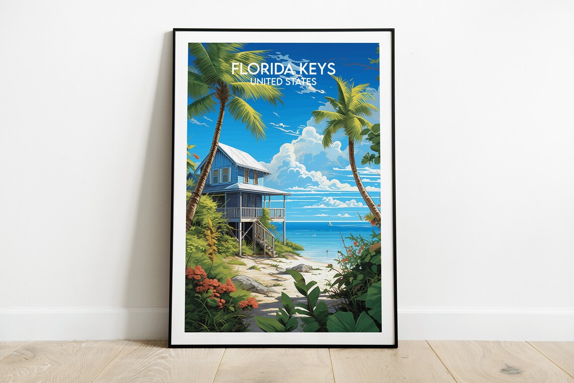 Florida Keys Beach House Palm Trees Coastal Vintage Travel Poster