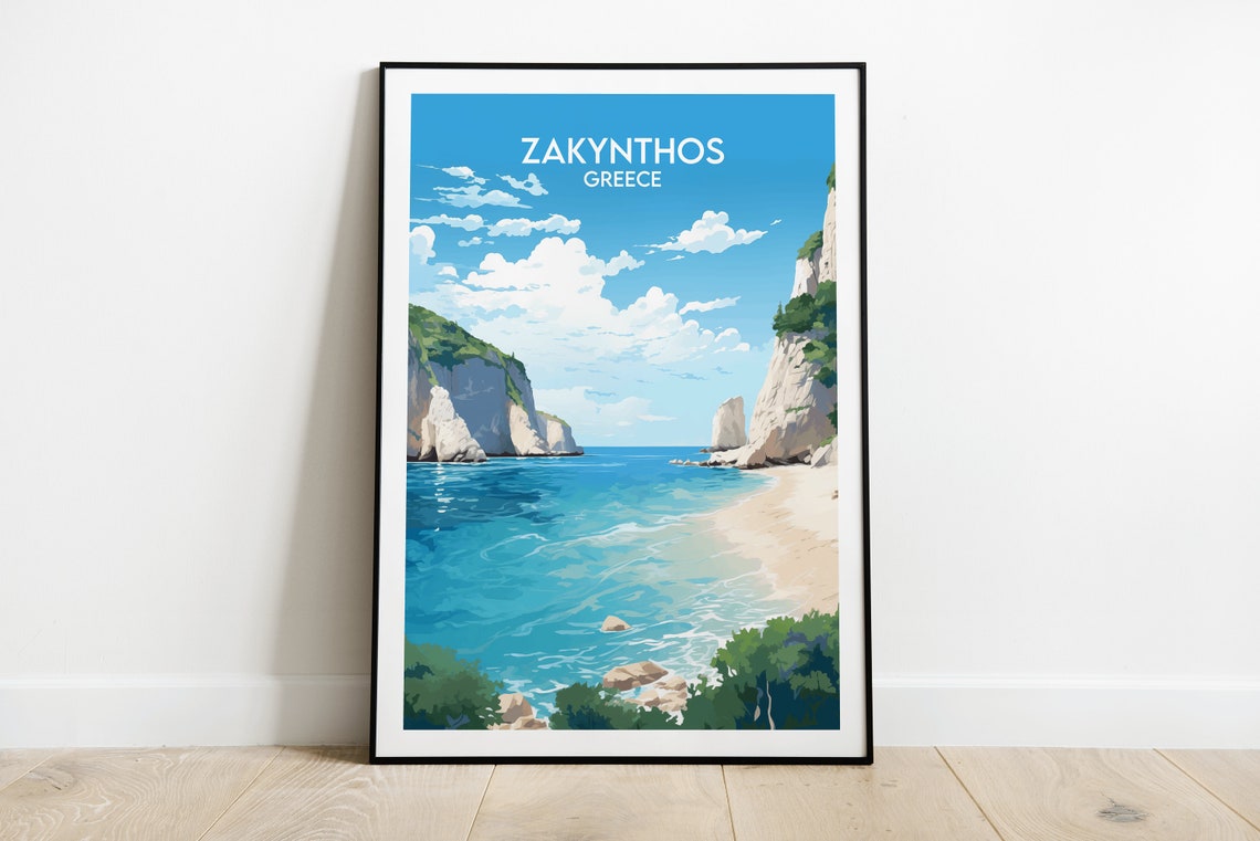 Zakynthos Greece Cove Beach White Cliffs Turquoise Travel Poster