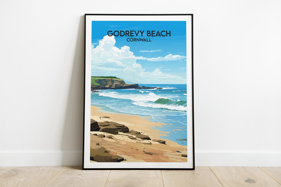 Godrevy Beach Cornwall Sandy Shore Waves Coastal Travel Poster