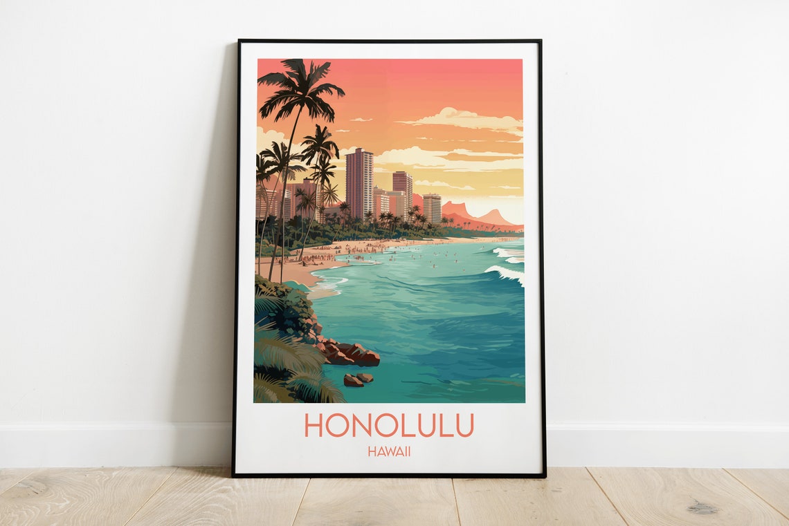 Honolulu Hawaii Beach Sunset Retro Illustrated Travel Poster