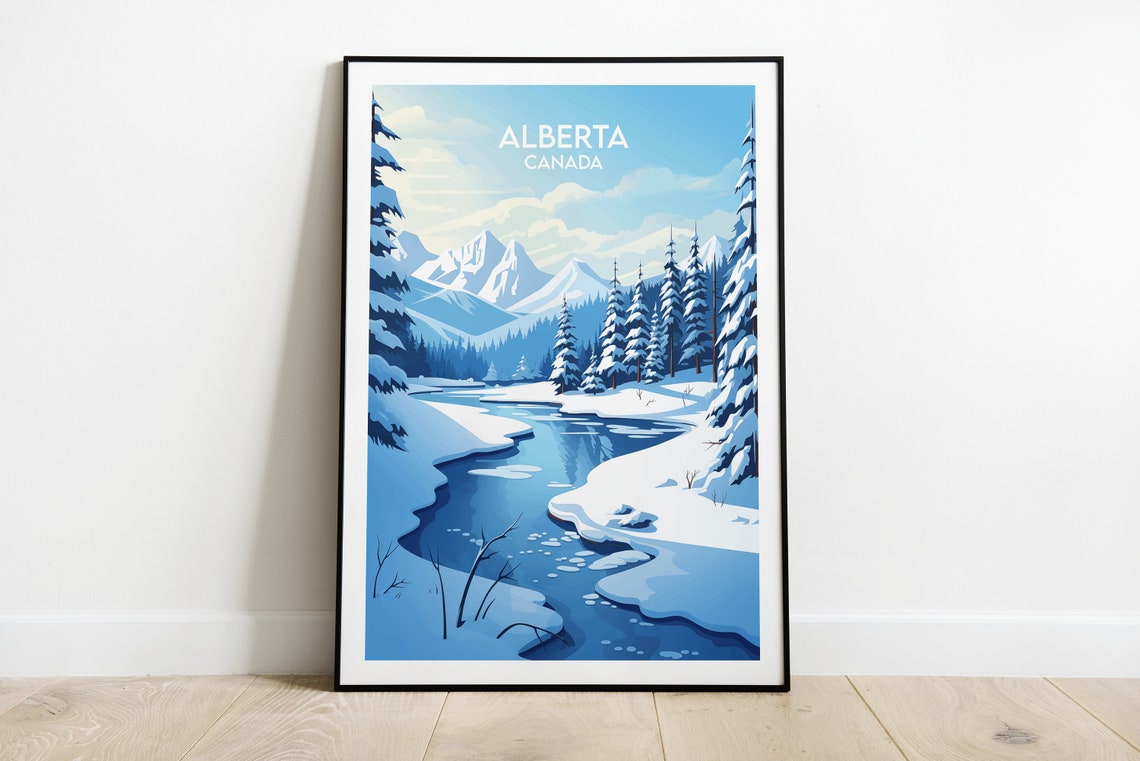 Alberta Canada Snowy Mountains and River Winter Travel Poster