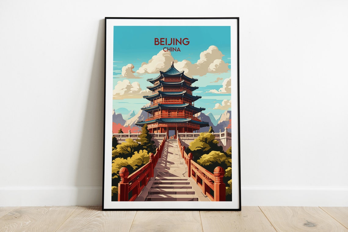 Beijing China Red Pagoda Temple with Mountain Retro Travel Poster