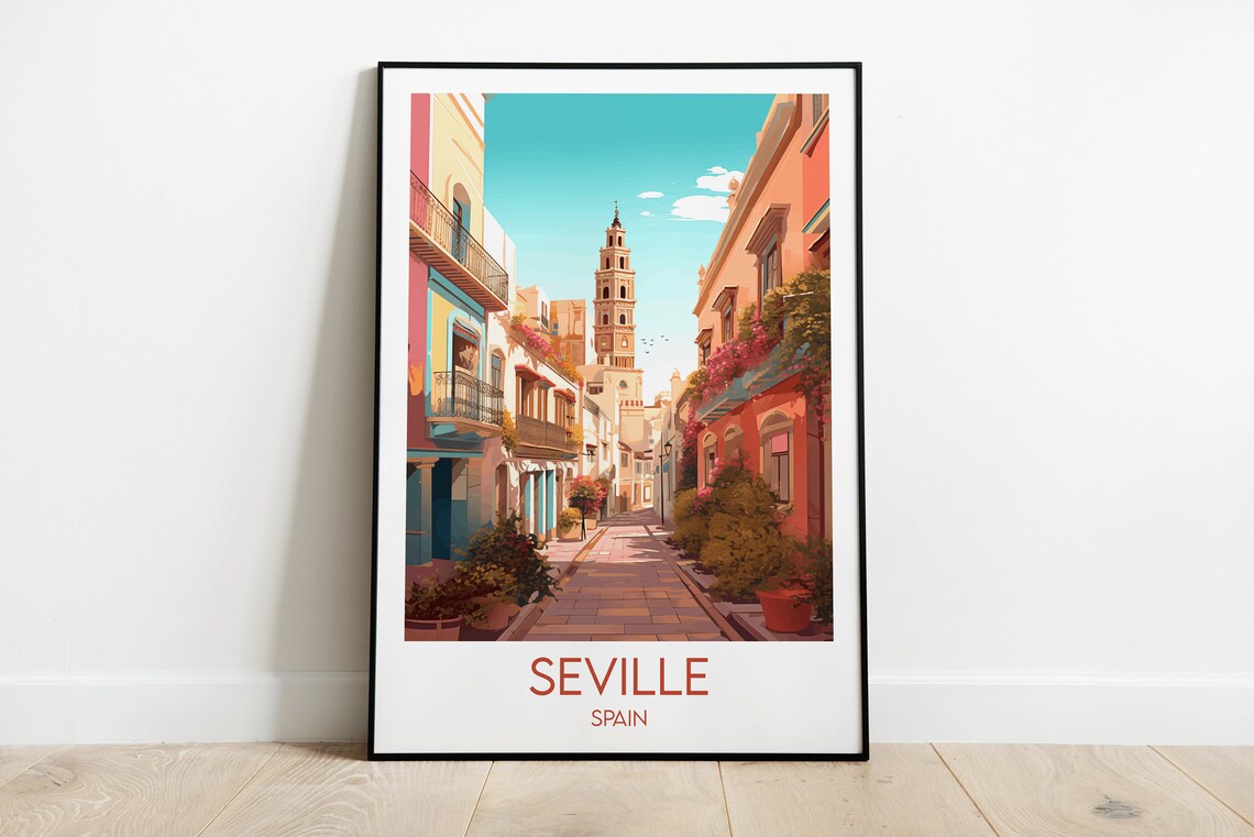 Seville Spain Sunlit Street Bell Tower Bougainvillea Travel Poster