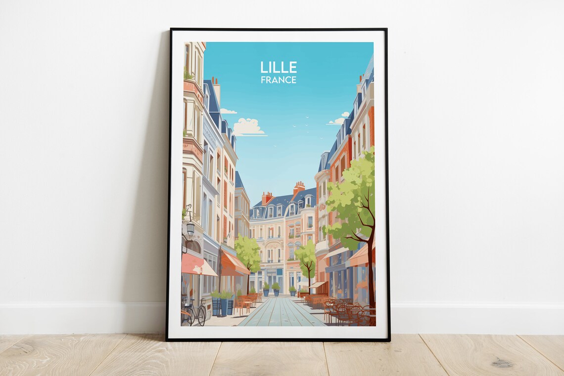 Lille France Historic Street Cafe Awnings Old Town Travel Poster