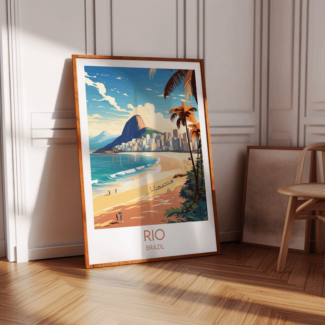 Rio Brazil Golden Beach Mountain Skyline Palm Trees Travel Poster - Image 2