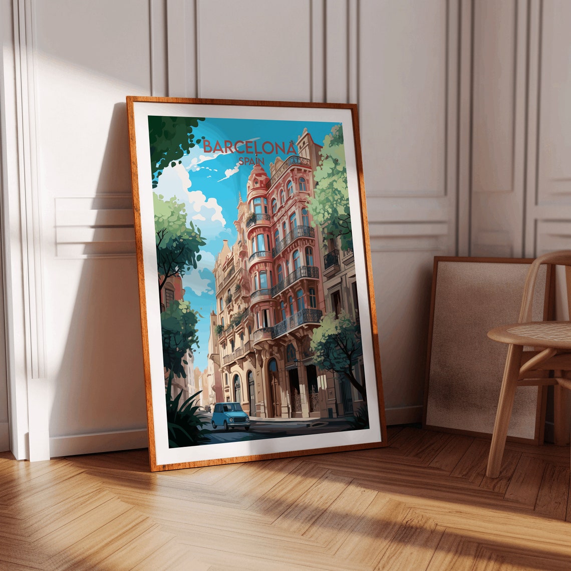 Barcelona Spain Pink Modernist Building Street Scene Travel Poster - Image 2