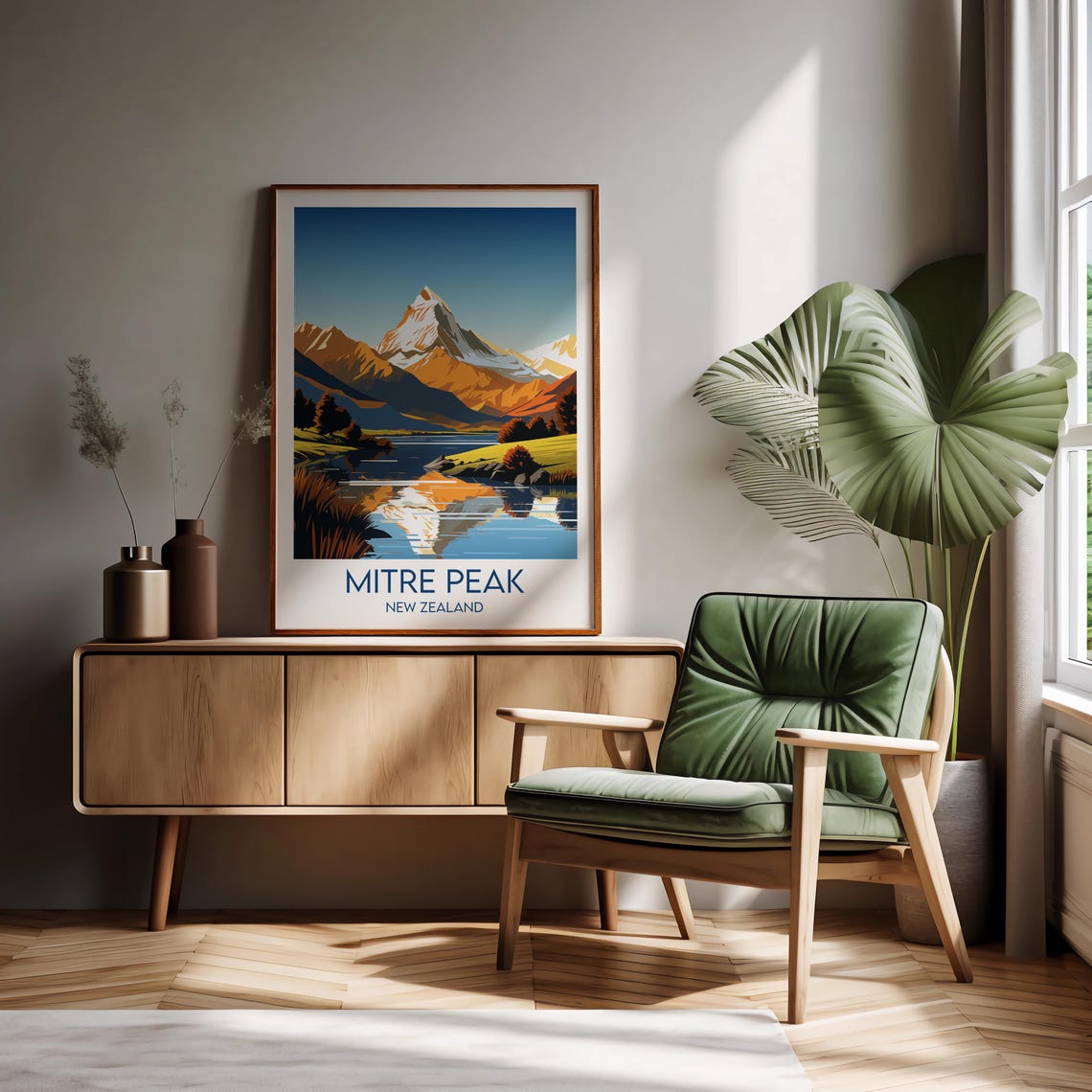 Mitre Peak New Zealand Golden Hour Alpine Lake Reflection Poster - Image 2