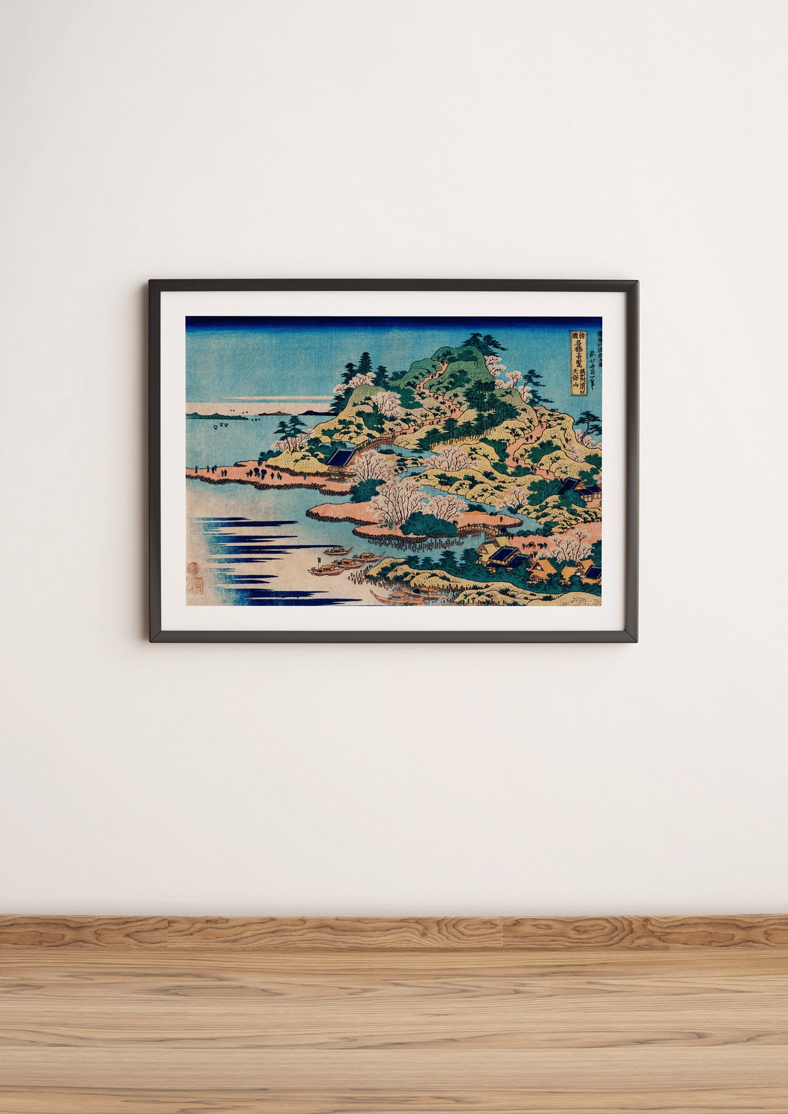 Vintage Japanese Coastal Landscape Cherry Blossoms Woodblock Print - Image 3