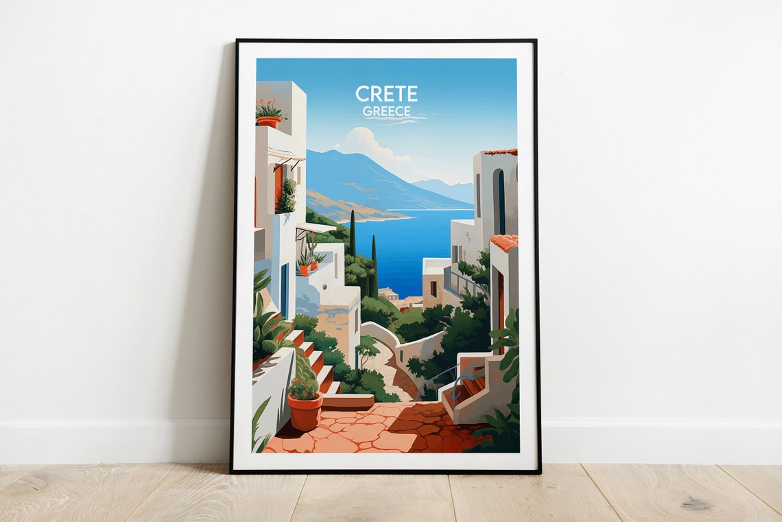 Crete Greece Whitewashed Village Stairs Sea View Mediterranean Poster