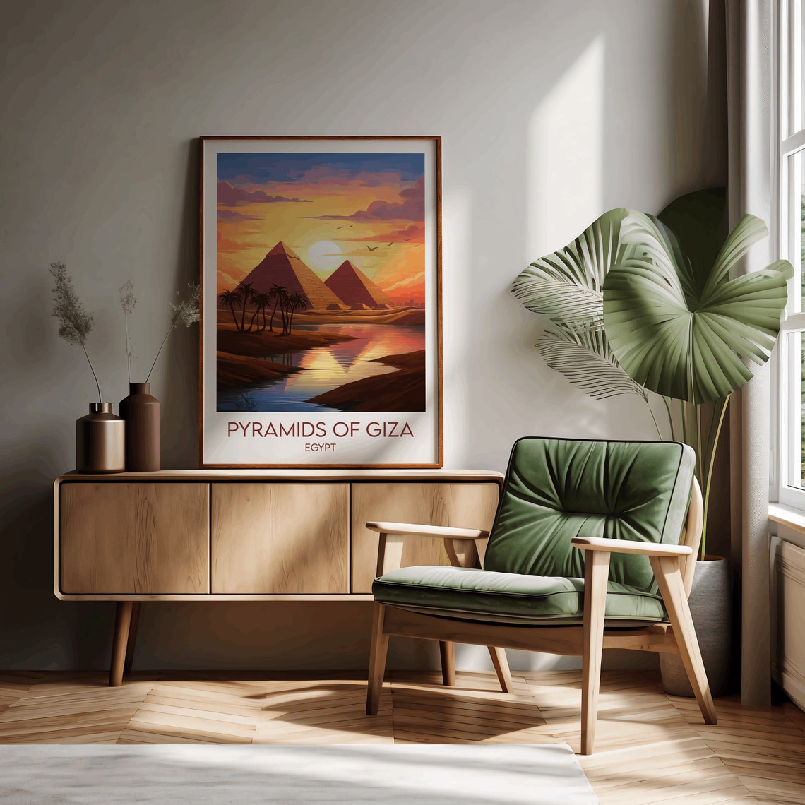 Pyramids of Giza Egypt Sunset Desert Palm Trees Travel Poster - Image 2