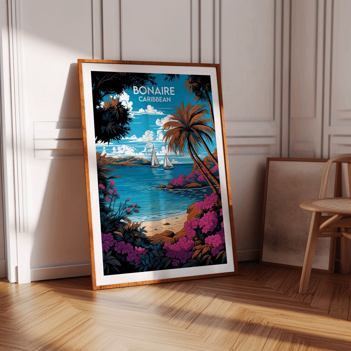 Bonaire Caribbean Sailboats Bay Bougainvillea Sailing Travel Poster - Image 2