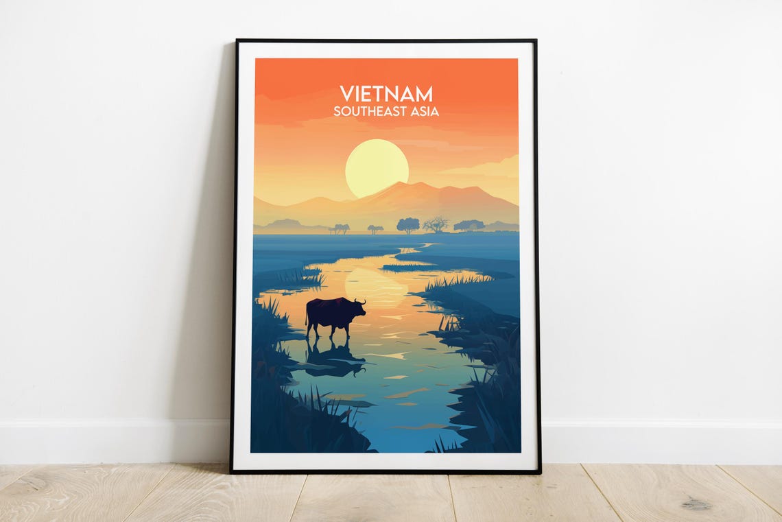 Vietnam Sunset River Buffalo Minimalist Southeast Asia Travel Poster