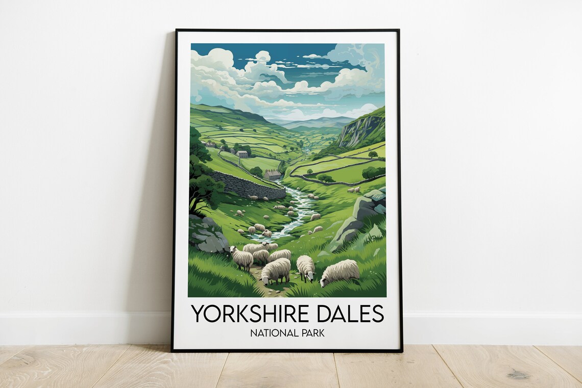 Yorkshire Dales National Park Sheep Valley Vintage Travel Poster
