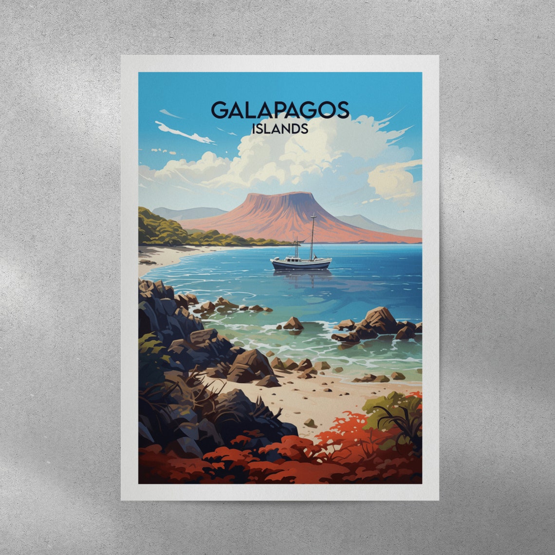 Galapagos Islands Vintage Volcano Sailboat Bay Travel Poster - Image 3