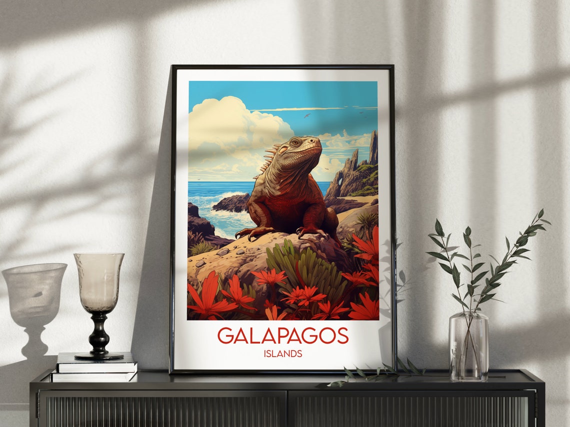 Galapagos Islands Marine Iguana Rocky Ocean Coast Travel Poster - Image 3