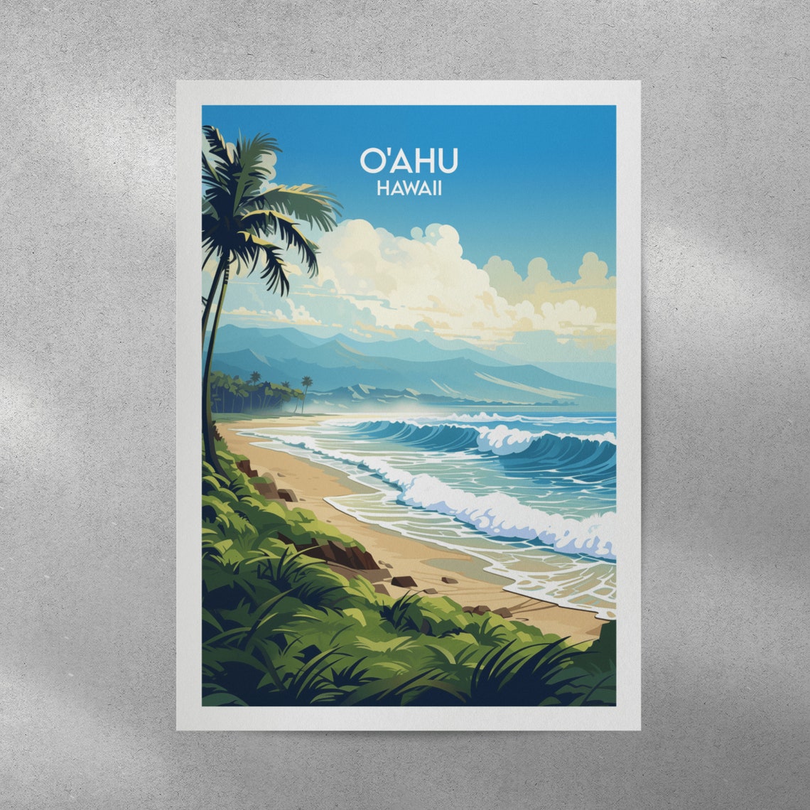 Oahu Hawaii Sandy Beach Palm Trees Ocean Waves Travel Poster - Image 2