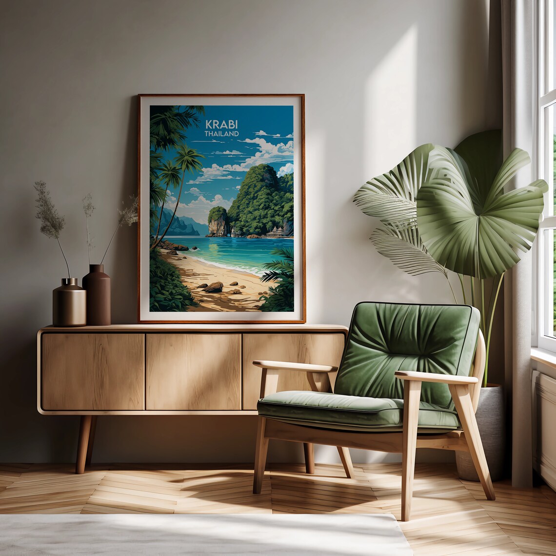 Krabi Thailand Limestone Karst Cliff Palm Beach Island Travel Poster - Image 3