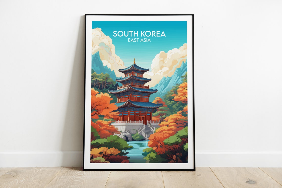South Korea East Asia Temple Autumn Mountain Scenic Travel Poster