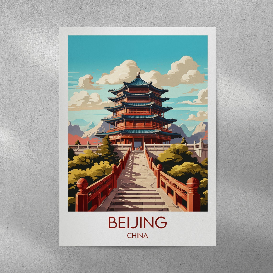 Beijing China Imperial Red Pagoda and Mountains Travel Poster - Image 3