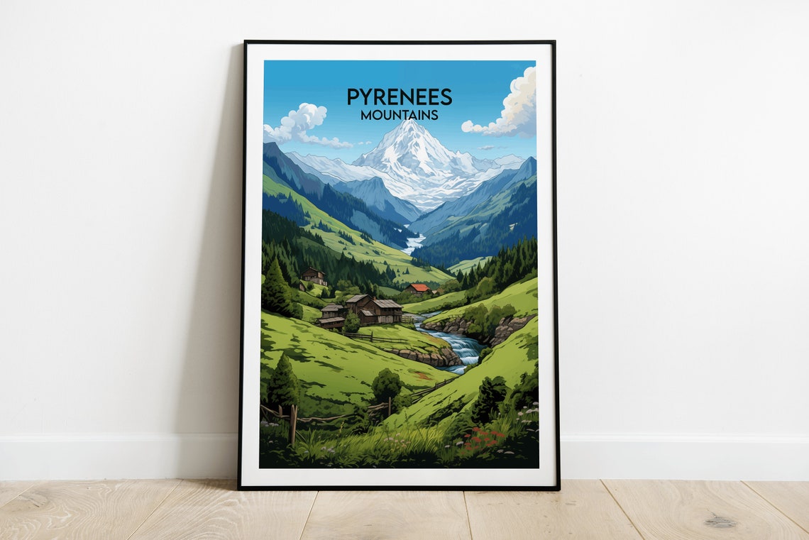 Pyrenees Mountains Alpine Valley Cabin Stream Snow Peak Travel Poster