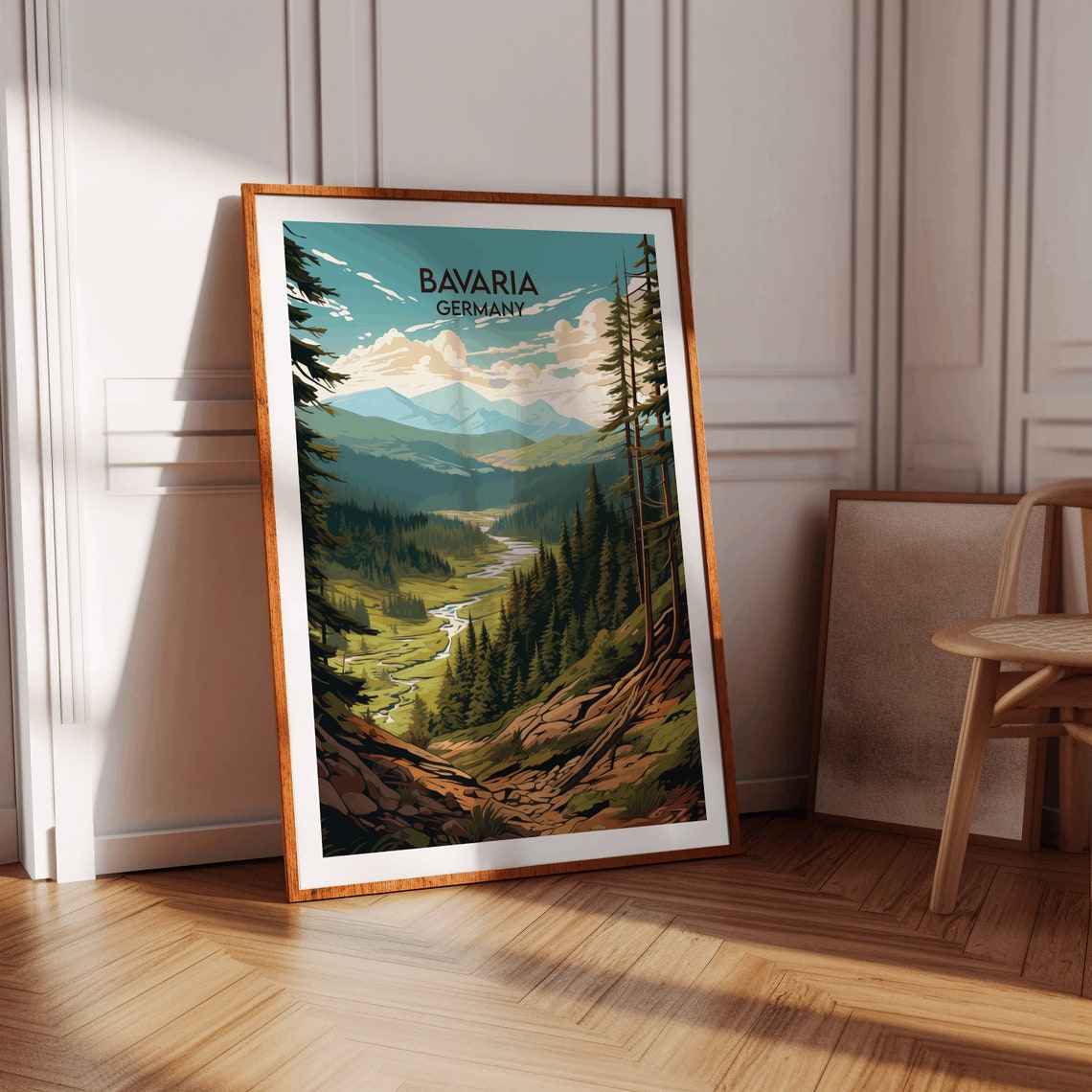 Bavaria Germany Mountain Valley River and Pines Retro Travel Poster - Image 2