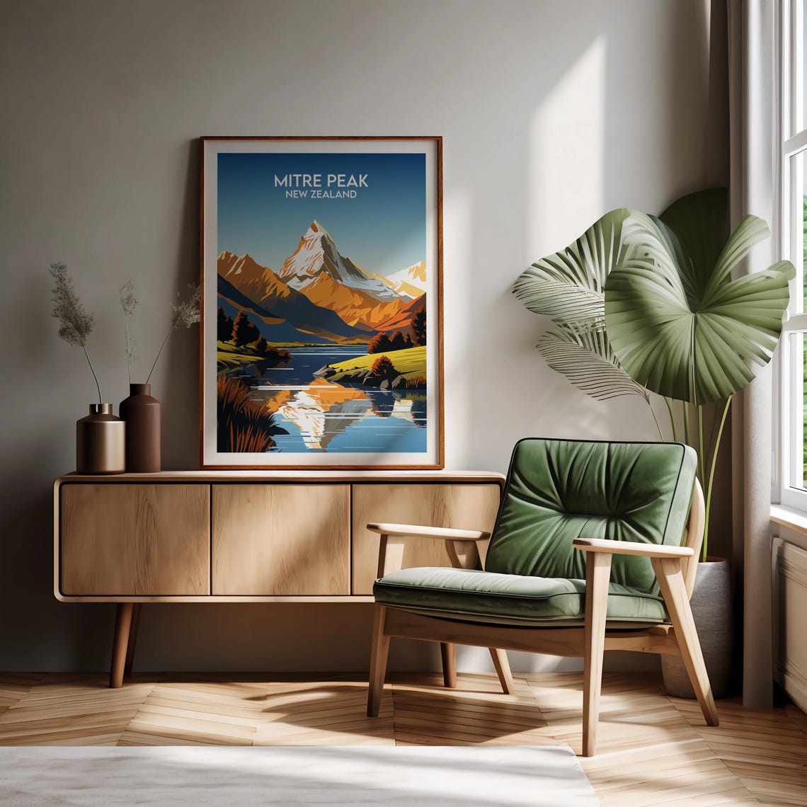 Mitre Peak New Zealand Golden Mountain Lake Reflection Poster - Image 2