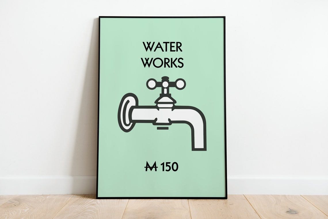Waterworks Monopoly Inspired Bathroom Print Poster A3 A4 A5 Funny Bathroom Home Decor Wall Art Accessories Gift