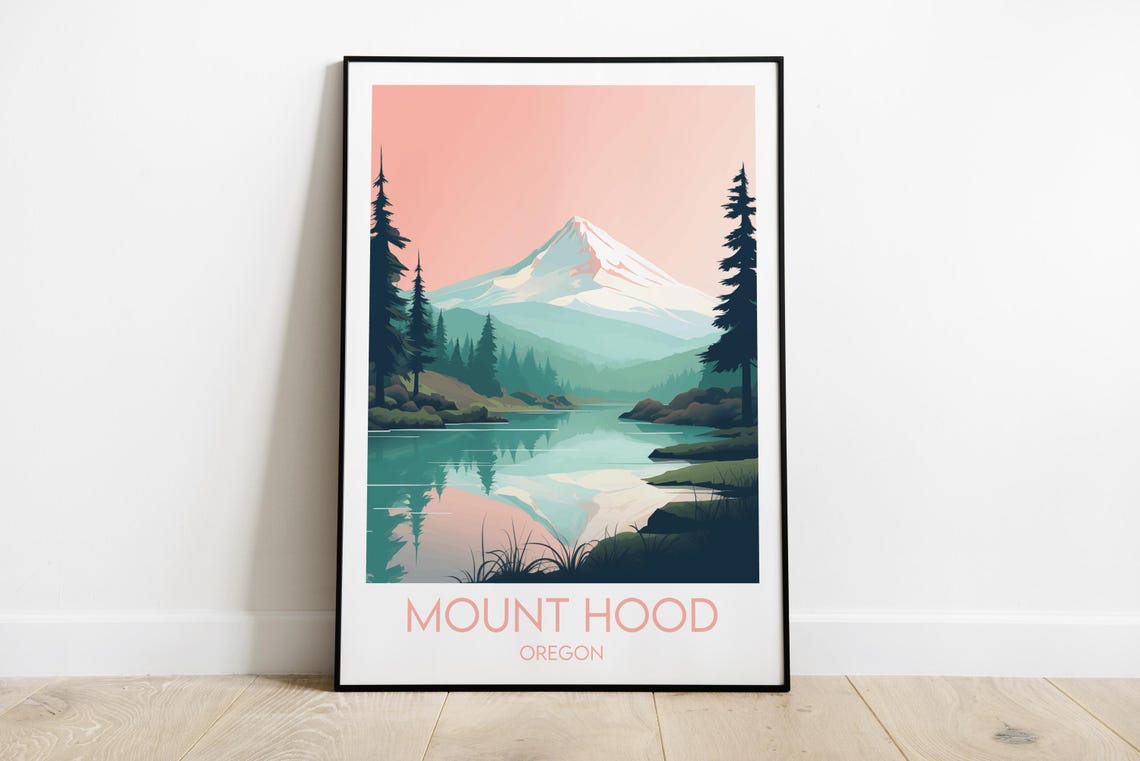 Mount Hood Oregon Travel Poster Snow Peak Lake Reflection Vintage