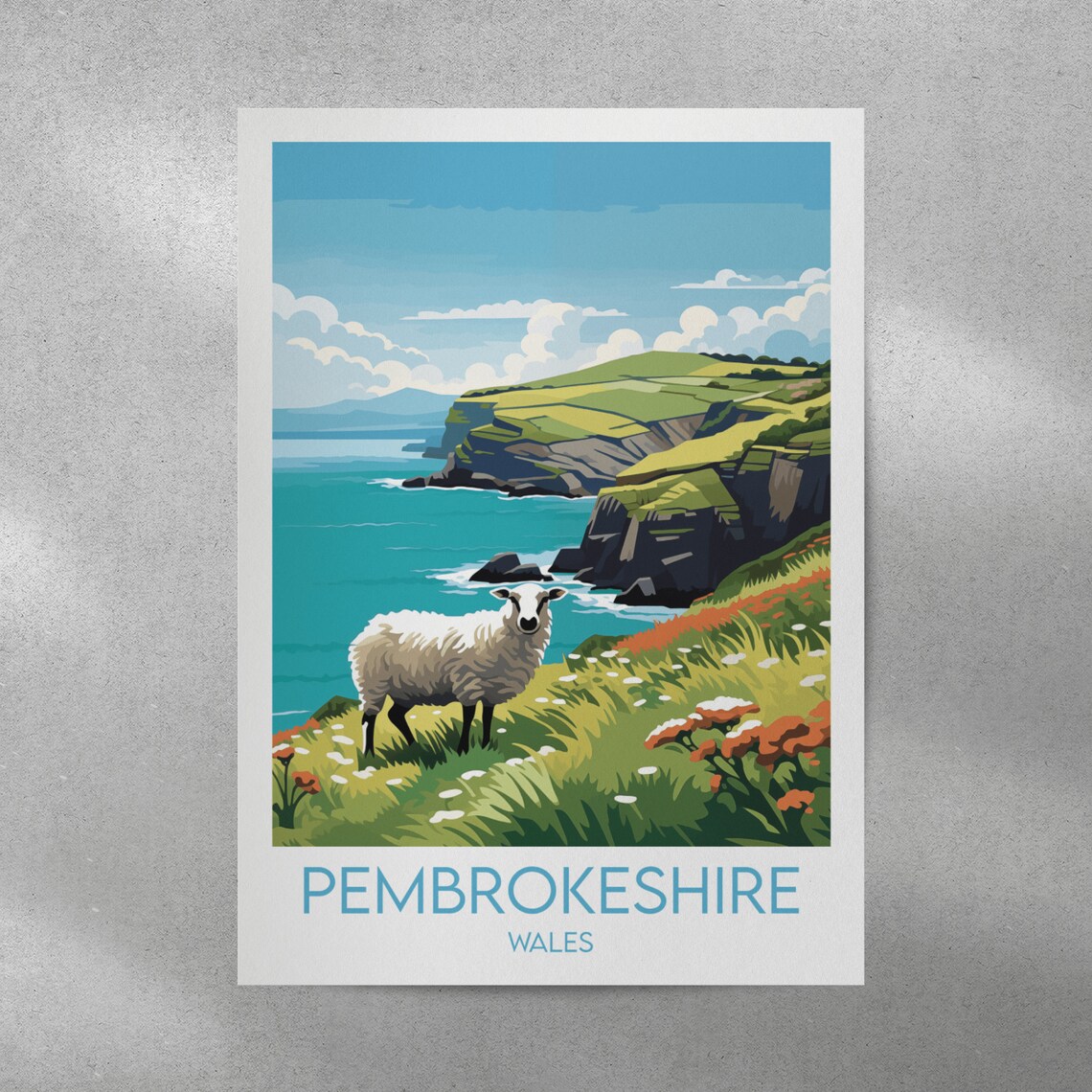Pembrokeshire Wales Coastal Cliffs Sheep Meadow Vintage Travel Poster - Image 2