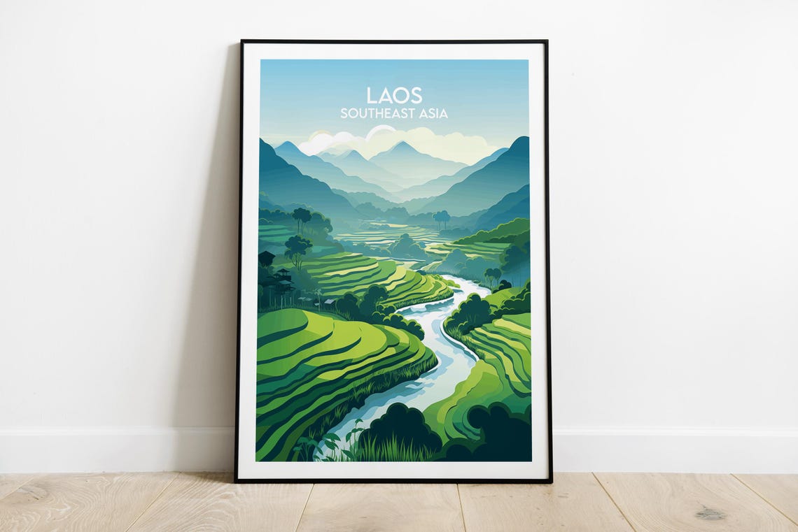 Laos Green Rice Terraces Valley Southeast Asia Travel Art Poster