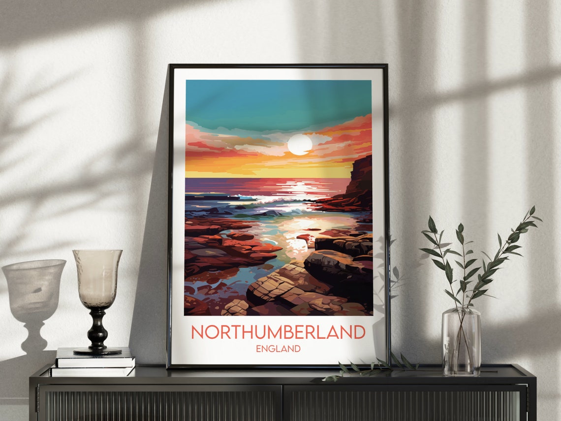 Northumberland England Sea Cliffs Golden Sunset Travel Poster - Image 3