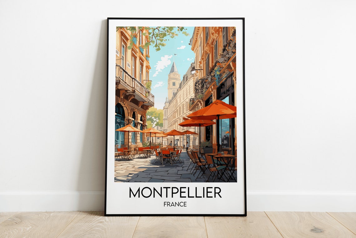 Montpellier France Travel Poster Sunlit Street Cafe Scene Artwork
