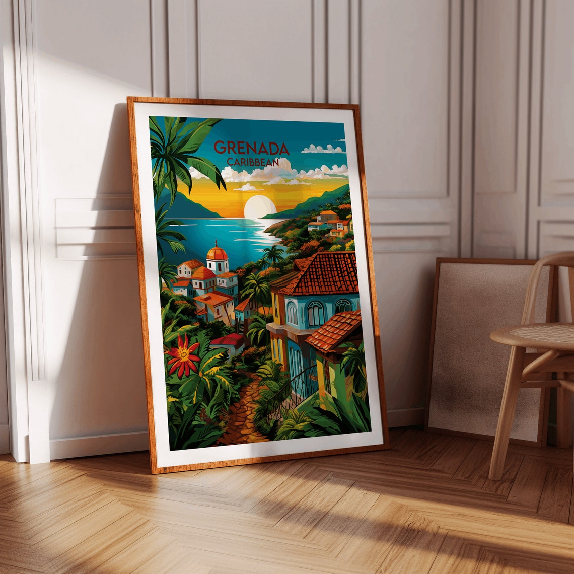 Grenada Caribbean Coastal Town Sunset Vintage Travel Art Poster - Image 2