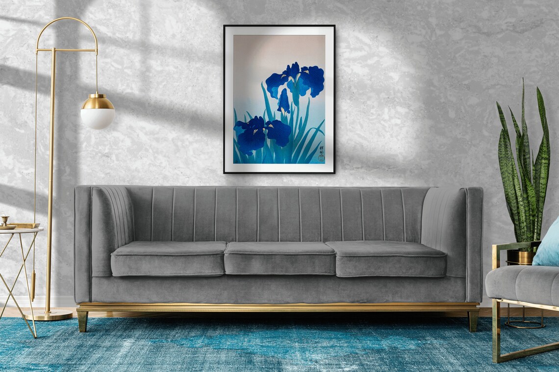 Ohara Koson Blue Iris Blossoms Japanese Woodblock Style Art Print - Image 2