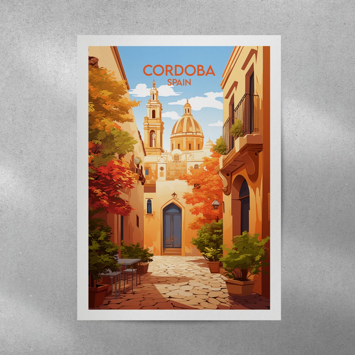 Cordoba Spain Sunny Old Town Alley Dome Bell Tower Art Poster - Image 3