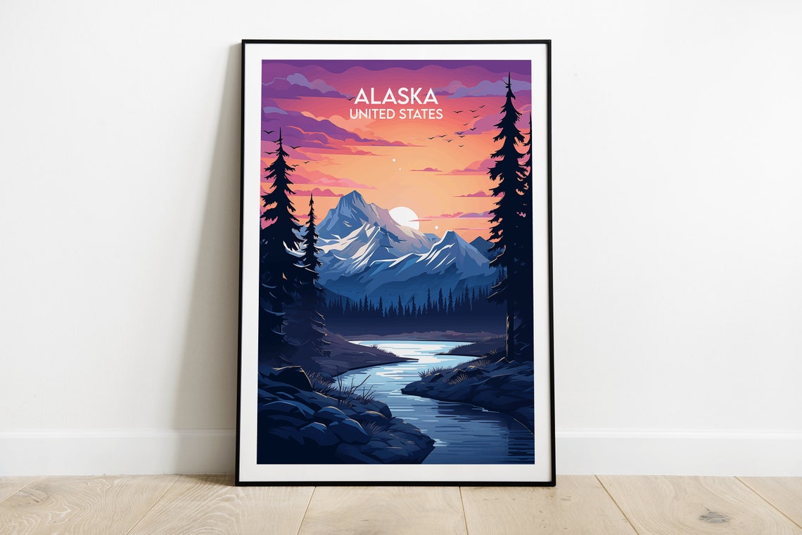 Alaska United States Mountain Sunset River Pines Travel Poster