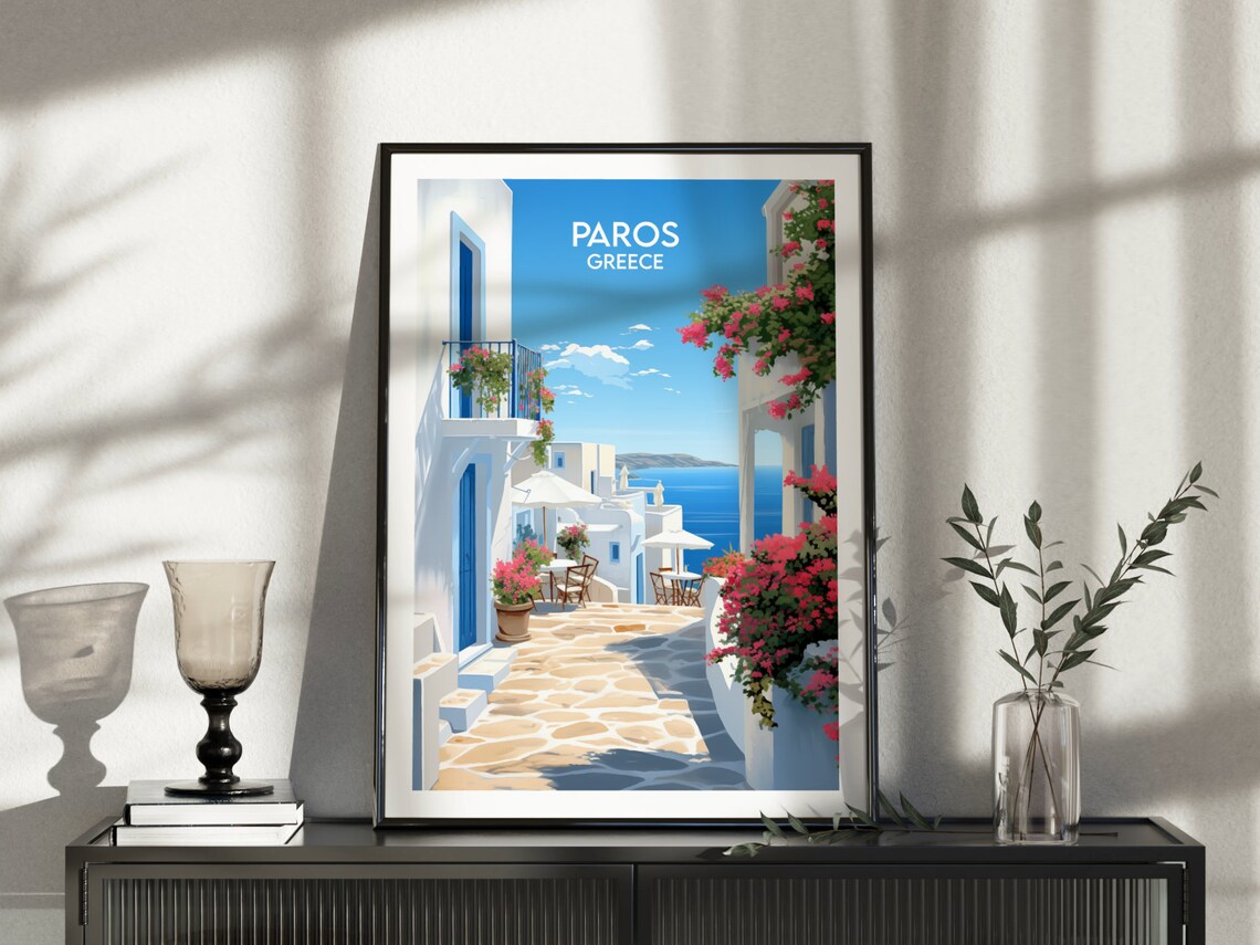 Paros Greece White Alleyway Bougainvillea Retro Travel Poster - Image 3