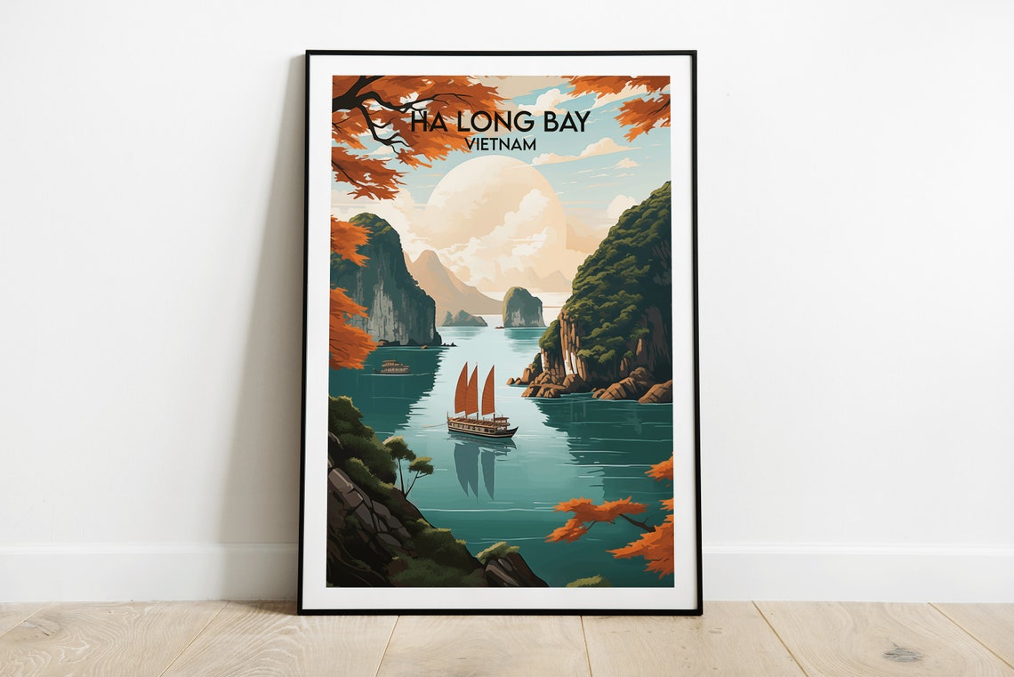 Ha Long Bay Vietnam Junk Boat Karsts Sunset Travel Illustration Poster