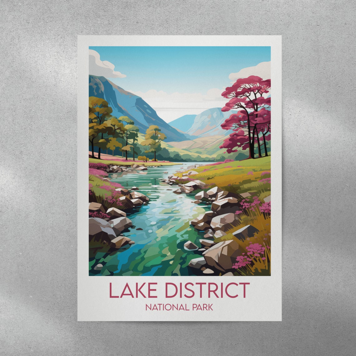 Lake District National Park Stream Valley Pink Tree Scenic Poster - Image 2