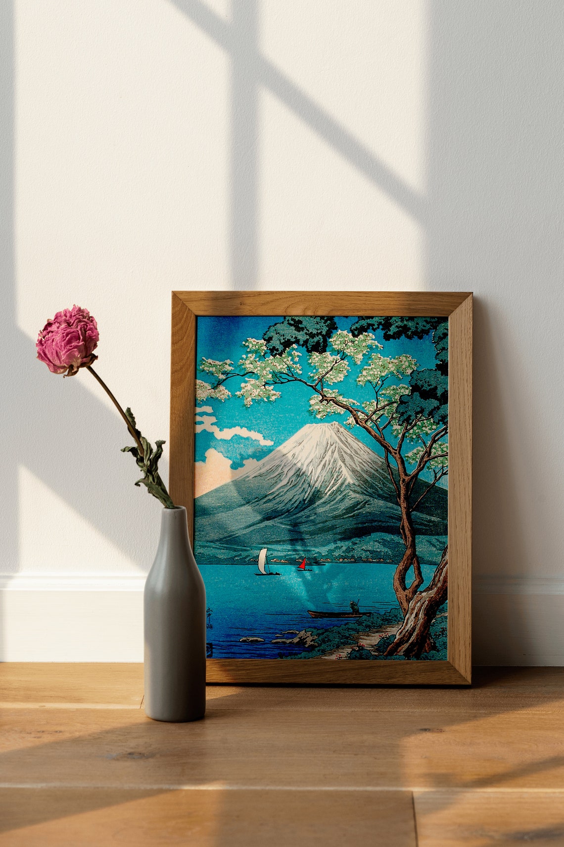 Mount Fuji With Cherry Blossoms Over The Lake Japanese Woodblock Print - Image 4