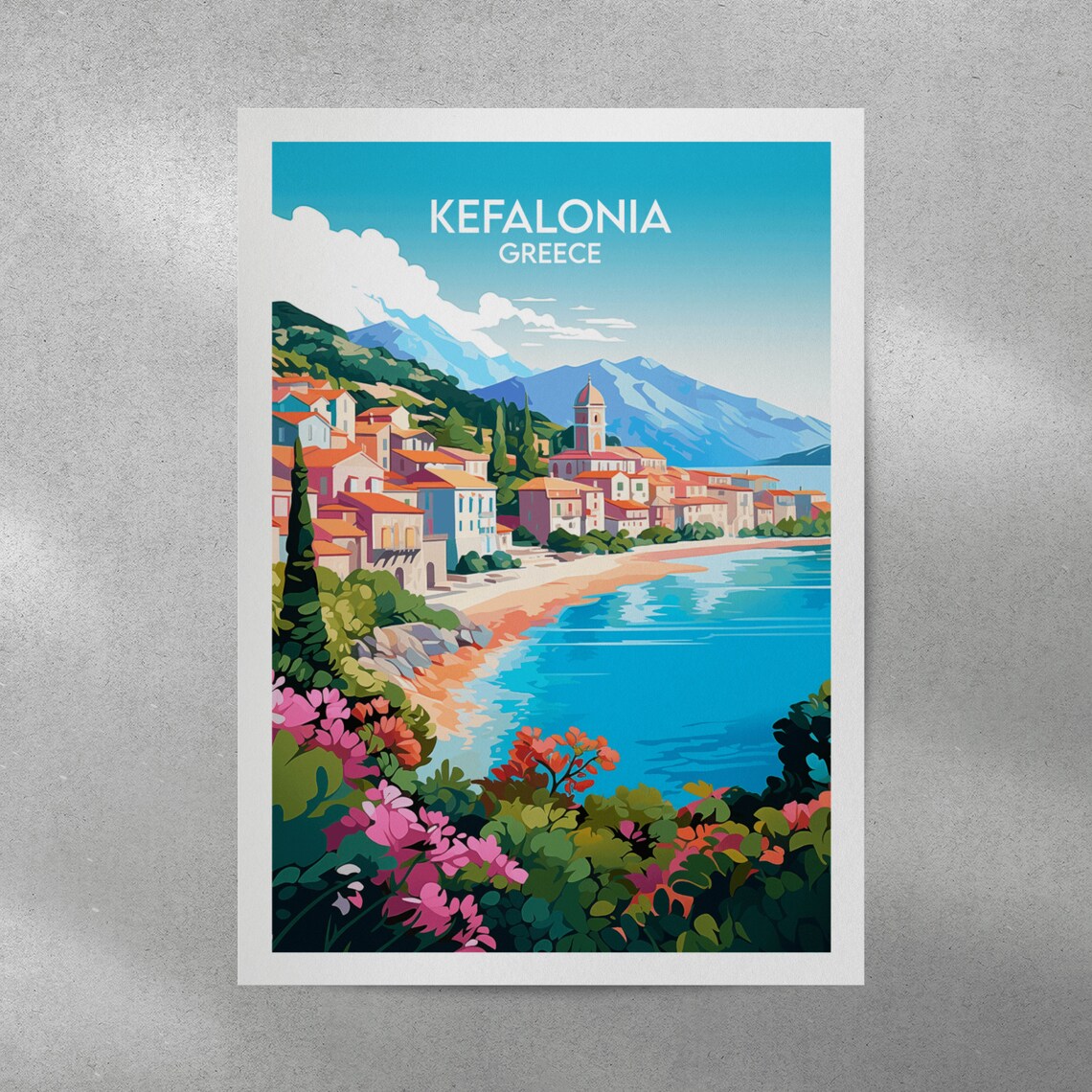 Kefalonia Greece Seaside Village Church Beach Cove Travel Poster - Image 3