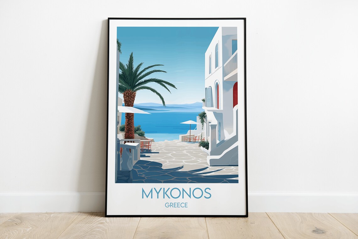 Mykonos Greece Whitewashed Alley Palm Seaside Village Travel Poster