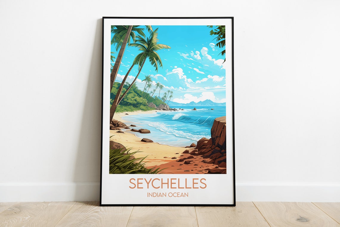 Seychelles Indian Ocean Tropical Beach Palm Paradise Travel Poster