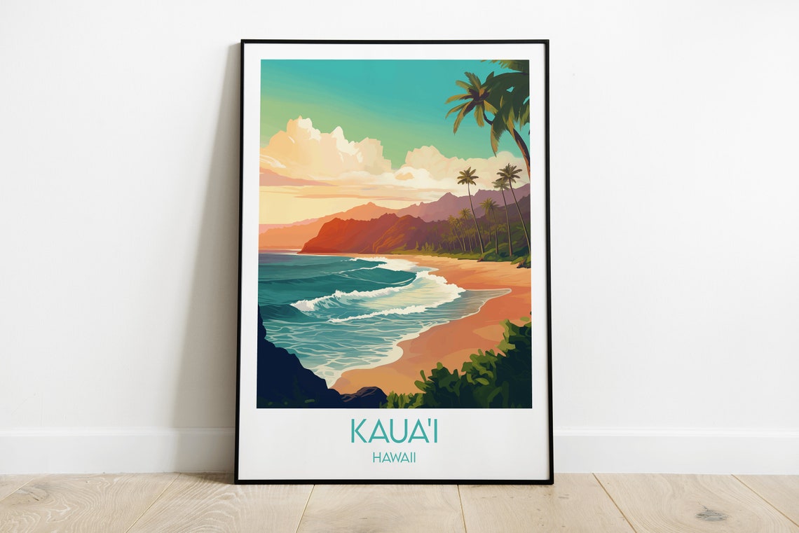 Kauai Hawaii Palm Tree Beach Ocean Retro Vintage Travel Poster