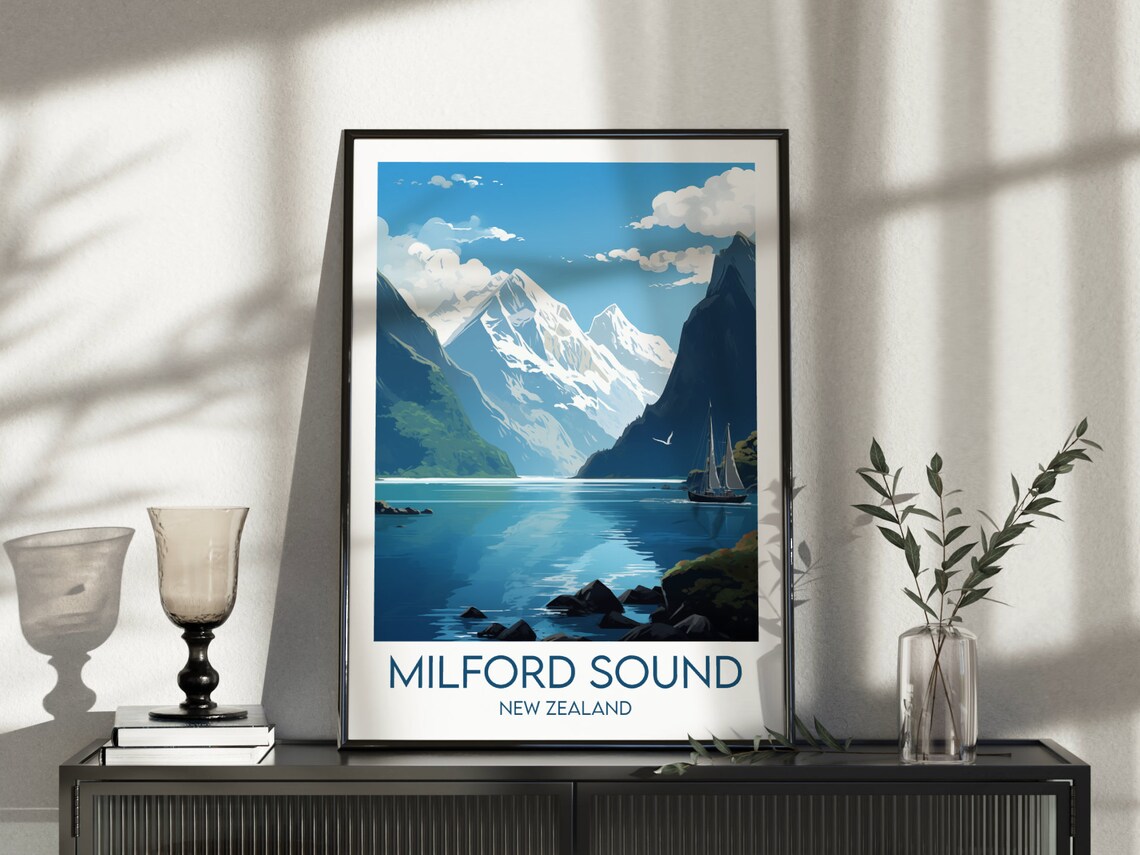 Milford Sound New Zealand Fjord Sailboat Snowy Peaks Travel Poster - Image 5