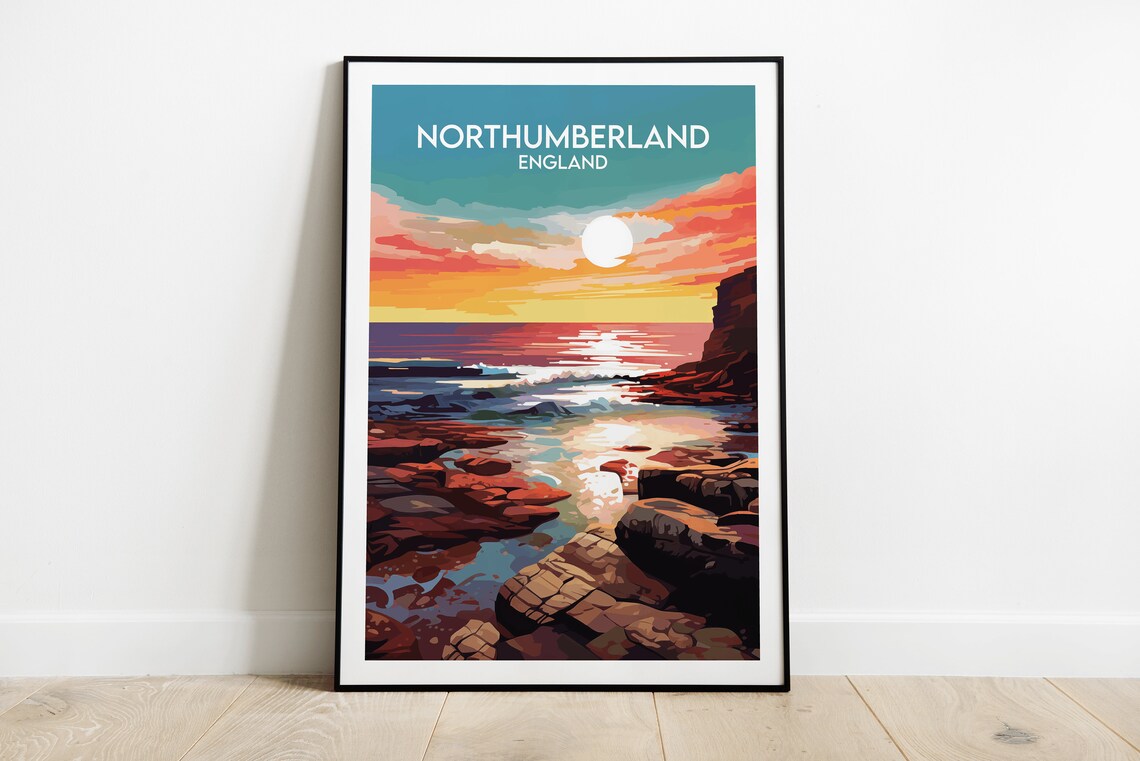 Northumberland England Rocky Coast Golden Sunset Travel Poster