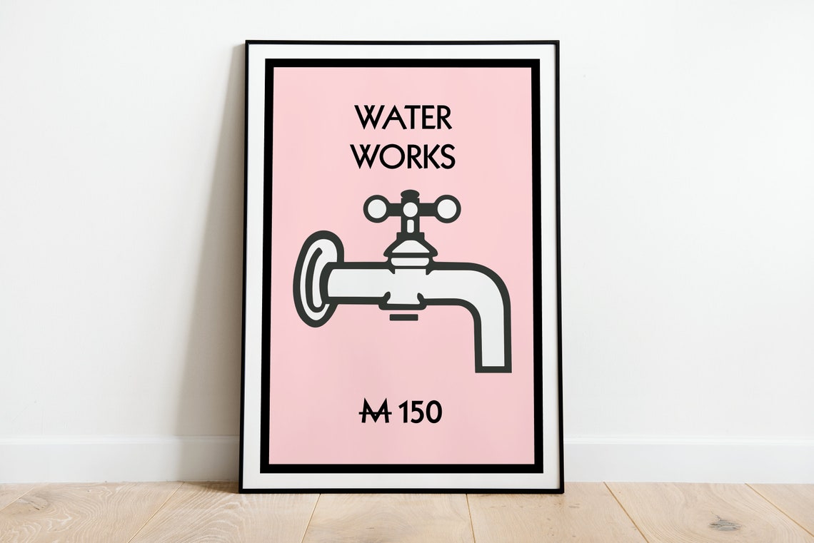 Waterworks Pink Monopoly Inspired Bathroom Print Poster A3 A4 A5 Funny Bathroom Home Decor Wall Art Accessories Gift