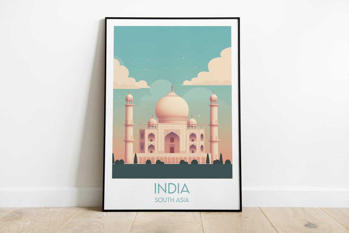 Taj Mahal India Vintage Sunrise Retro Minimalist Travel Poster